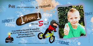 Carte 10x20 personnalise pour Carte d'invitation anniversaire garcon sur le thme des sports qui bougent comme BMX, roller et skate