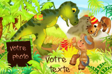 Carte d'invitation personnalis�e pour anniversaire, th�me des dinosaures, indiquant les zones o� les photos vont �tre int�gr�es