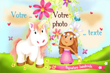 Carte d'invitation personnalis�e pour anniversaire, th�me de la licorne et son pays merveilleux, indiquant les zones o� les photos vont �tre int�gr�es