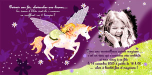 Carte d'invitation personnalise pour anniversaire, La licorne aile