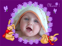 Merci naissance fille avec lapine sur fond rose et cadre photo en fleur