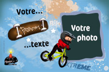 Carte 10x15 personnalise pour Carte d'invitation anniversaire garcon sur le thme des sports qui bougent comme BMX, roller et skate, indiquant les zones o le texte et la photo vont tre intgrs