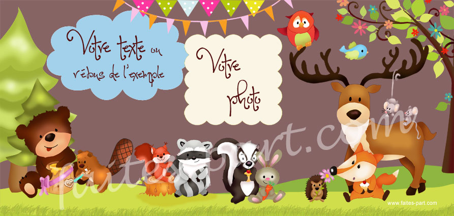 Carte D Invitation Pour Fete D Anniversaire Pour Enfant Avec Montage Photo Illustre Avec Des Animaux De La Foret Et Des Banderoles