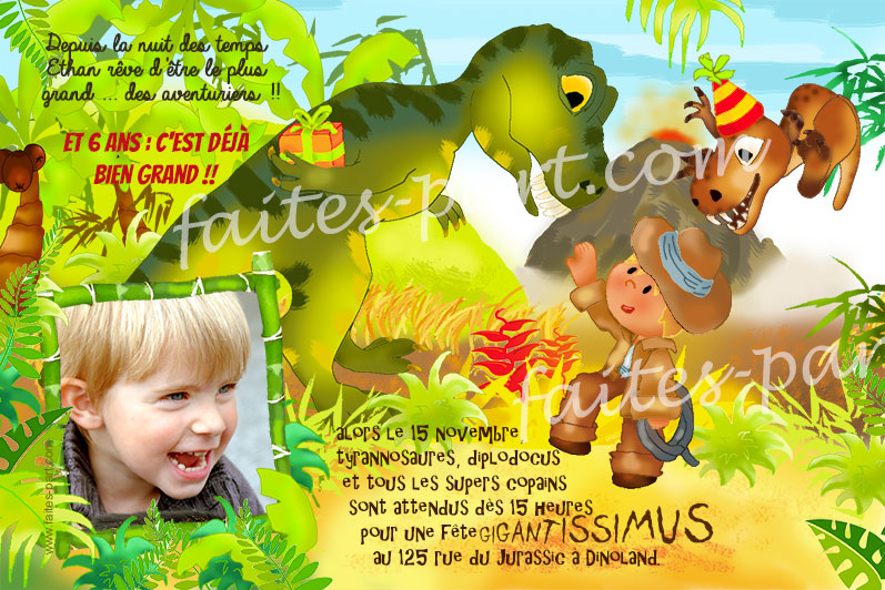 Carte d'invitation baptême ou anniversaire à gratter - dinosaure