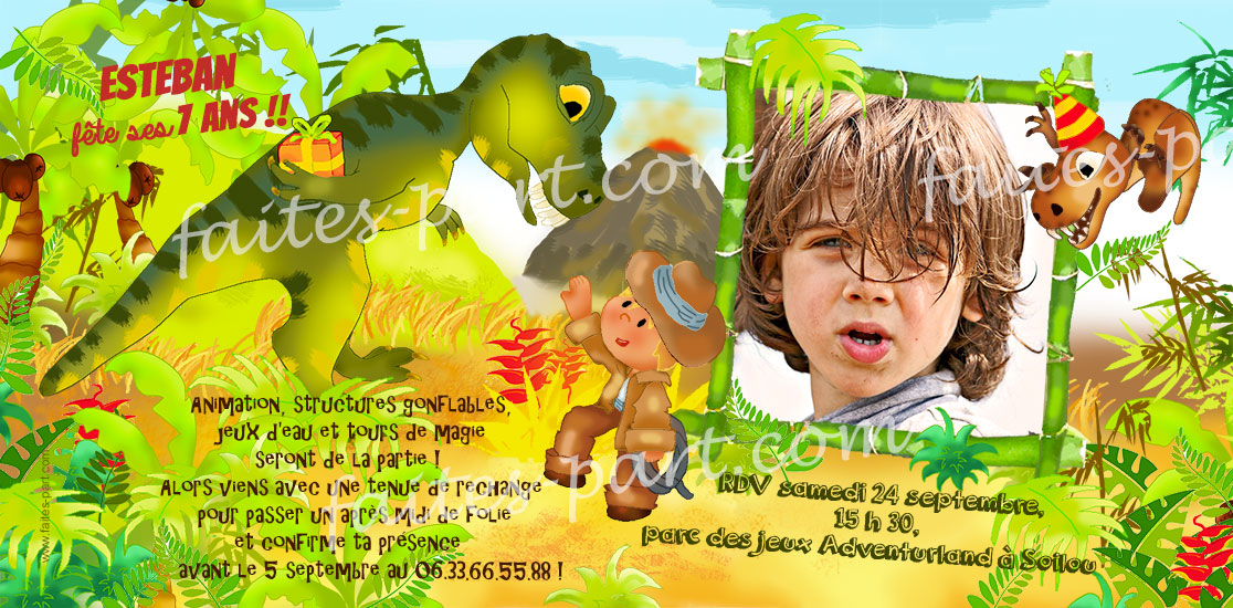 Carte personnalisable dinosaures avec photo pour anniversaire