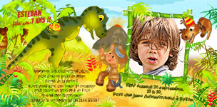 Carte d'invitation personnalisée pour anniversaire, thème des dinosaures, indiquant les zones où les photos vont être intégrées