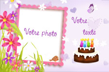 Carte 10x15 personnalise pour Carte d'invitation anniversaire adulte avec fleurs et gteau, indiquant les zones o le texte et la photo vont tre intgrs