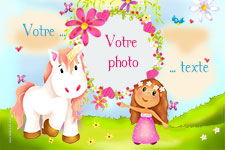 Carte d'invitation personnalise pour anniversaire, thme de la licorne et son pays merveilleux, indiquant les zones o les photos vont tre intgres