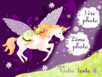 Carte d'invitation personnalise pour anniversaire, thme de la licorne aile, montrant les zones o les photos vont tre intgres