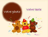 Carte 10x15 personnalise pour Invitation d'anniversaire avec photo - Ours en fte, indiquant les zones o le texte et la photo vont tre intgrs