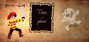 Carte 10x20 personnalise pour anniversaire - Yo Ho pirate, indiquant les zones o le texte et la photo vont tre intgrs