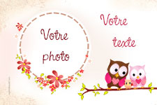 Carte de remerciement avec photos Hibou et chouette, montrant la zone o la photo va tre intgre