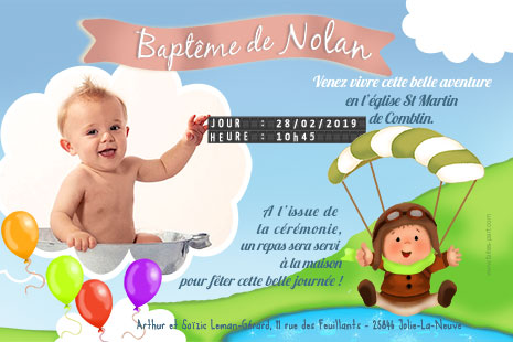 Carte 10x15 personnalisée pour Carte d'invitation baptême Ourson dans avion et bébé en parachute