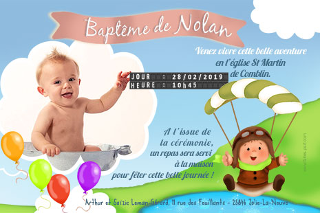 Carte 10x15 personnalise pour Carte d'invitation baptme Ourson dans avion et bb en parachute