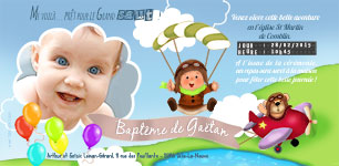 Carte 10x20 personnalise pour Carte d'invitation baptme Ourson dans avion et bb en parachute