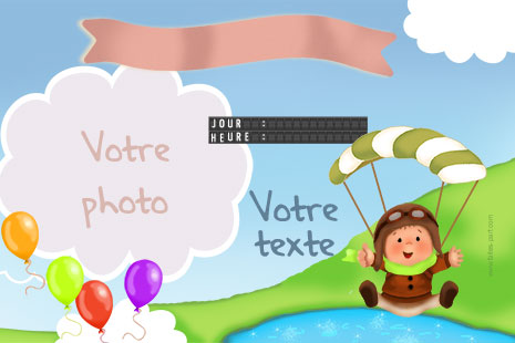 Carte 10x15 personnalise pour Carte d'invitation baptme Ourson dans avion et bb en parachute, indiquant les zones o le texte et la photo vont tre intgrs