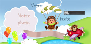 Carte 10x20 personnalise pour Carte d'invitation baptme Ourson dans avion et bb en parachute, indiquant les zones o le texte et la photo vont tre intgrs