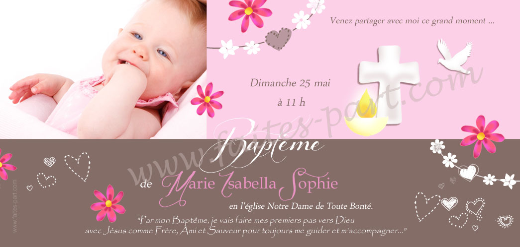 Invitations de baptême Fleurs Croix Eglise naissance Carte invitation cartes