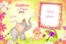 Carte 10x15 personnalise pour Carte d'invitation baptme Elephant, indiquant les zones o le texte et la photo vont tre intgrs