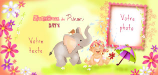 Carte 10x20 personnalise pour Carte d'invitation baptme Elephant, indiquant les zones o le texte et la photo vont tre intgrs