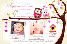 Carte 10x15 personnalise pour Carte d'invitation baptme Hibou et Chouette