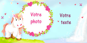 Carte 10x20 personnalise pour Faire-part bapteme Licorne, indiquant les zones o le texte et la photo vont tre intgrs