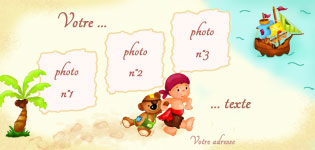 Carte 10x20 personnalise pour carte d'invitation baptme pirate, indiquant les zones o le texte et la photo vont tre intgrs