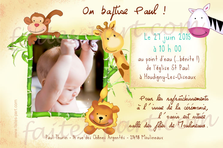 Invitation originale avec photo baptême anniversaire enfant jungle zoo