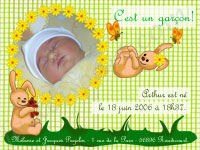 faire-part naissance photo Bb lapin couleur jaune pour garon