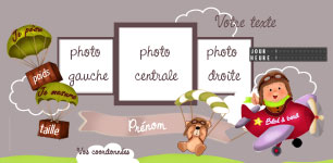 Carte 10x20 personnalise pour Faire-part naissance avion coloris violet gris, indiquant les zones o le texte et la photo vont tre intgrs