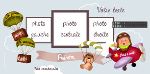 Carte 10x20 personnalise pour Faire-part naissance avion coloris ciel bleu, indiquant les zones o le texte et la photo vont tre intgrs