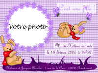 Carte 10x15 personnalise pour Faire-part photo naissance lapin - Mauve, indiquant les zones o le texte et la photo vont tre intgrs