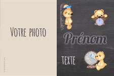 Carte 10x15 personnalise pour Faire-part naissance Ours sur fond ardoise, indiquant les zones o le texte et la photo vont tre intgrs