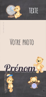 Carte 10x20 personnalise pour Faire-part naissance Ours sur fond ardoise, indiquant les zones o le texte et la photo vont tre intgrs