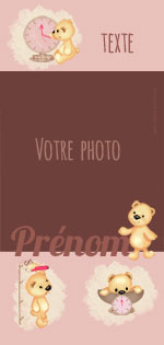 Carte 10x20 personnalise pour Faire-part naissance ourson, indiquant les zones o le texte et la photo vont tre intgrs