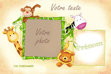 Carte 10x15 personnalise pour faire-part naissance Jungle - safari dans la savane, indiquant les zones o le texte et la photo vont tre intgrs