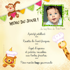 Carte 15x15 personnalise pour Menu de baptme Jungle, Savane ou Safari