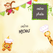 Carte 15x15 personnalise pour Menu de baptme Jungle, Savane ou Safari, indiquant les zones o le texte et la photo vont tre intgrs