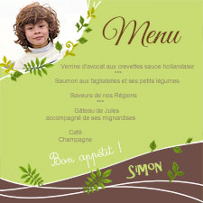 Carte 15x15 personnalise pour Menu de communion, baptme, profession de foi  - Thme Vert anis - Garon ou mixte